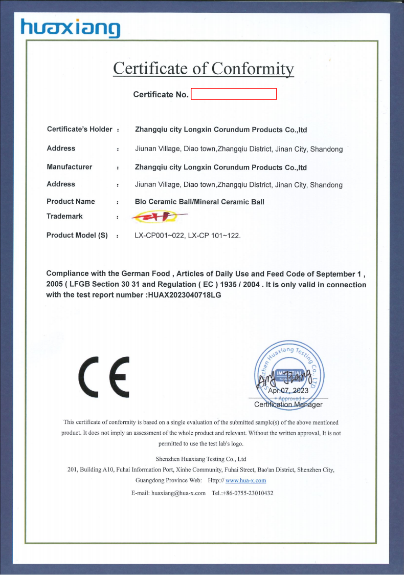 CE Certification for Ceramic Filter Media and Water Treatment Products