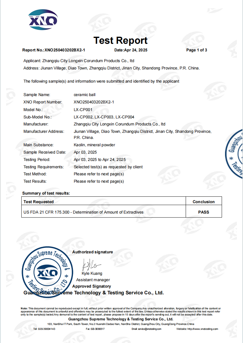 FDA Compliance Report for Ceramic Balls Used in Drinking Water Filtration