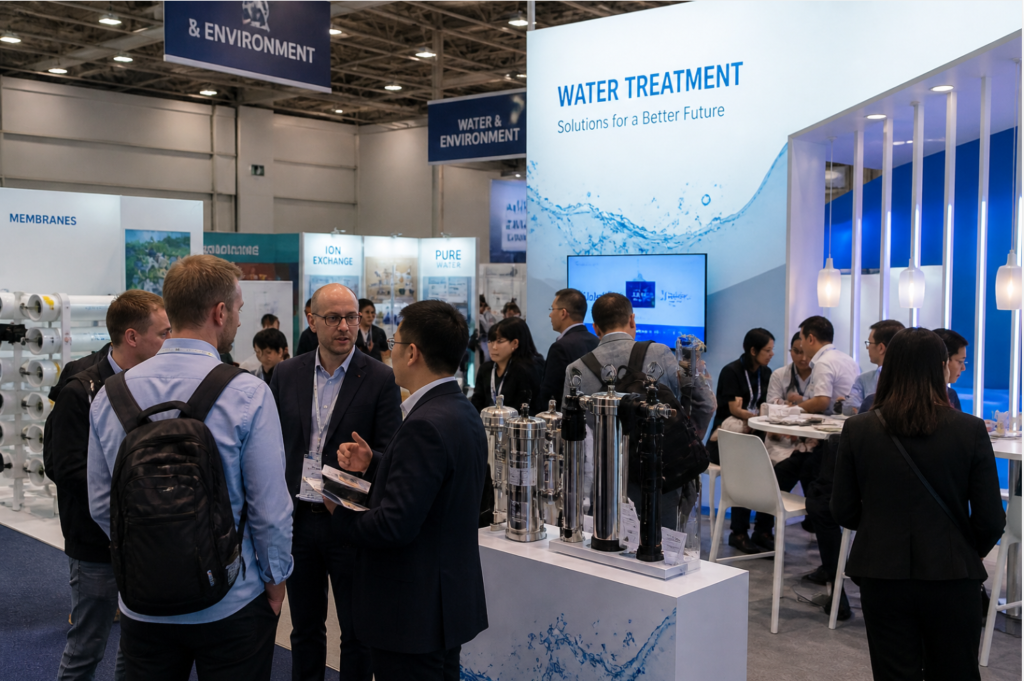 Water treatment industry exhibition booth with filtration equipment and professional visitors